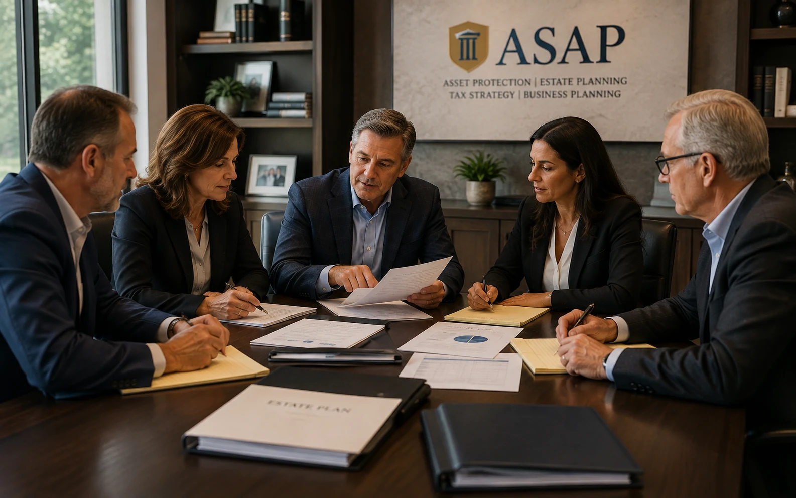 A group of legal and planning professionals reviewing a client strategy