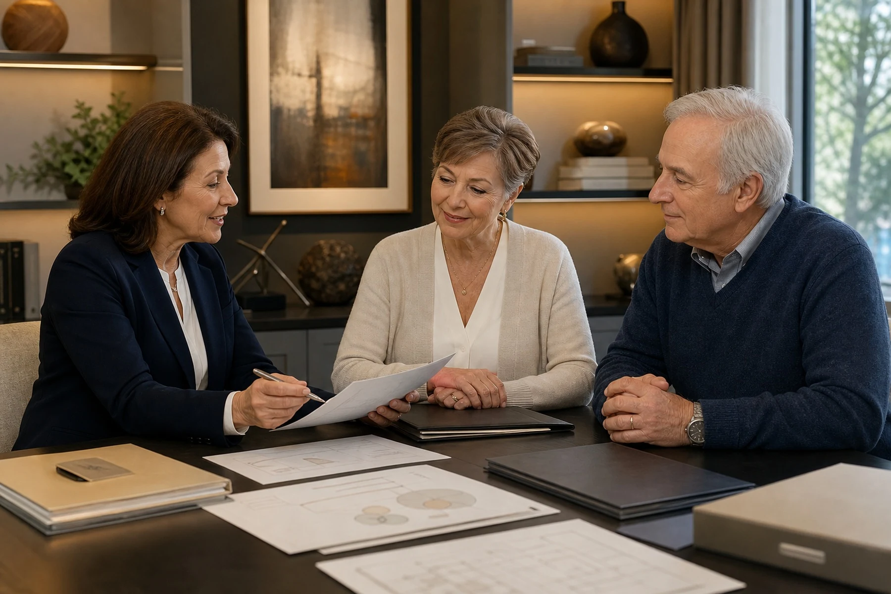 Estate planning attorney discussing recommendations with a retired couple