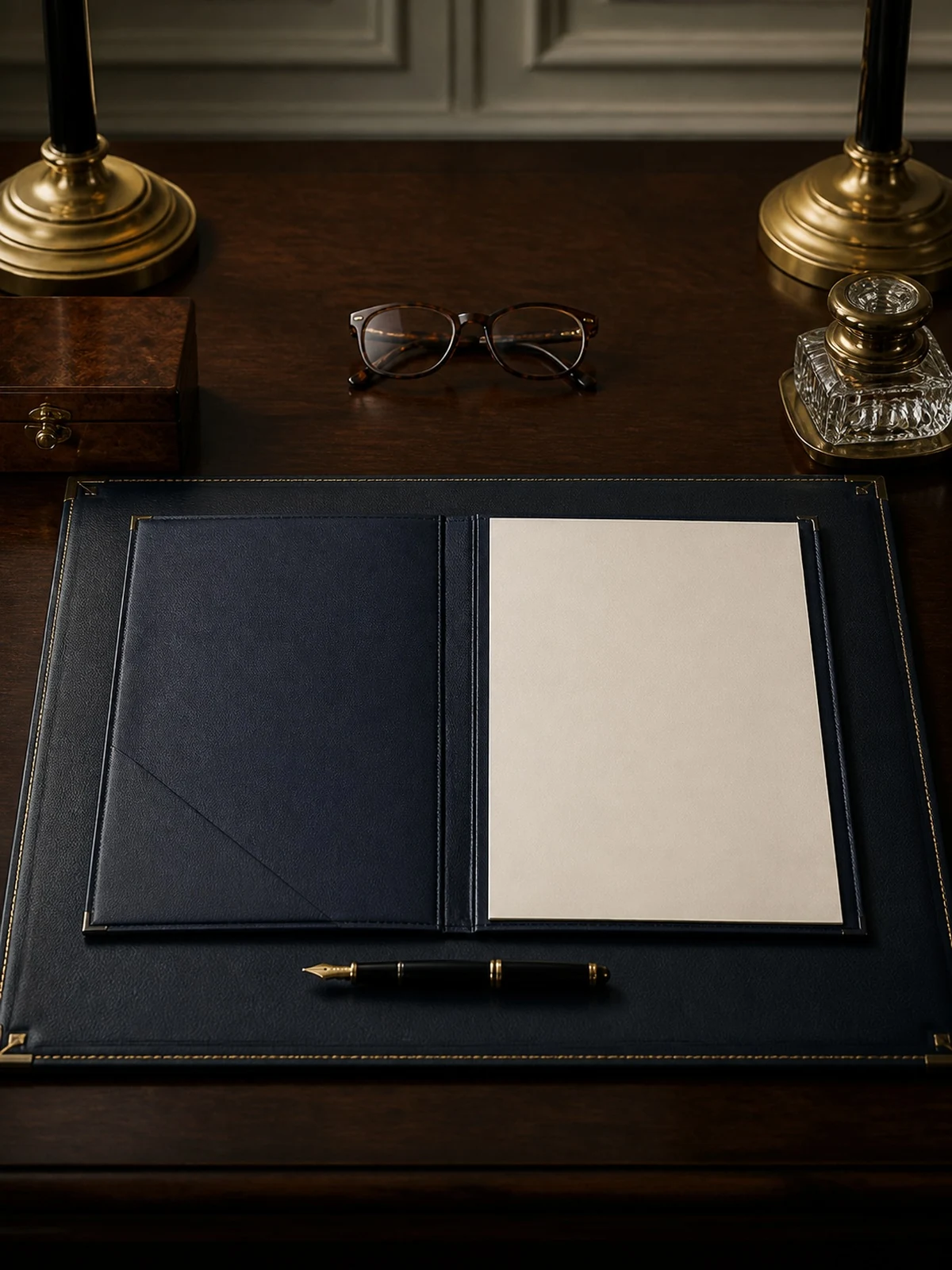Refined will and testament document setup on a dark wood desk