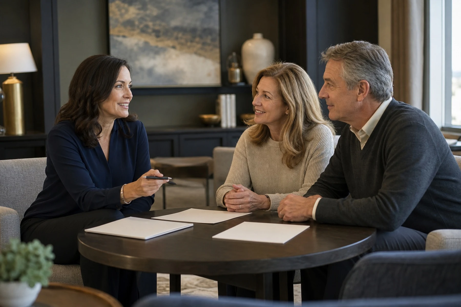 Professional advisor answering questions for a mature couple
