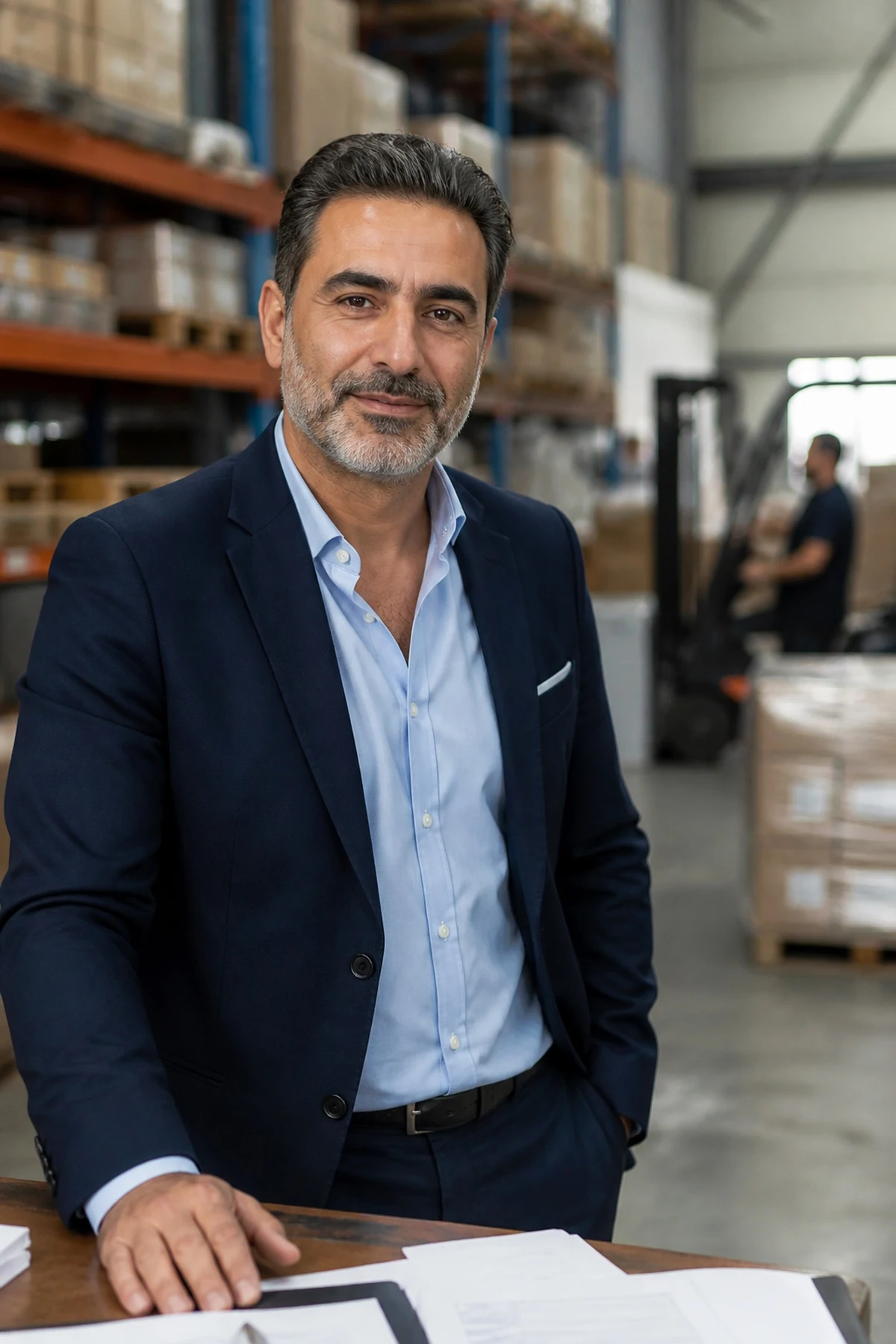 Business owner in an active warehouse and logistics operation