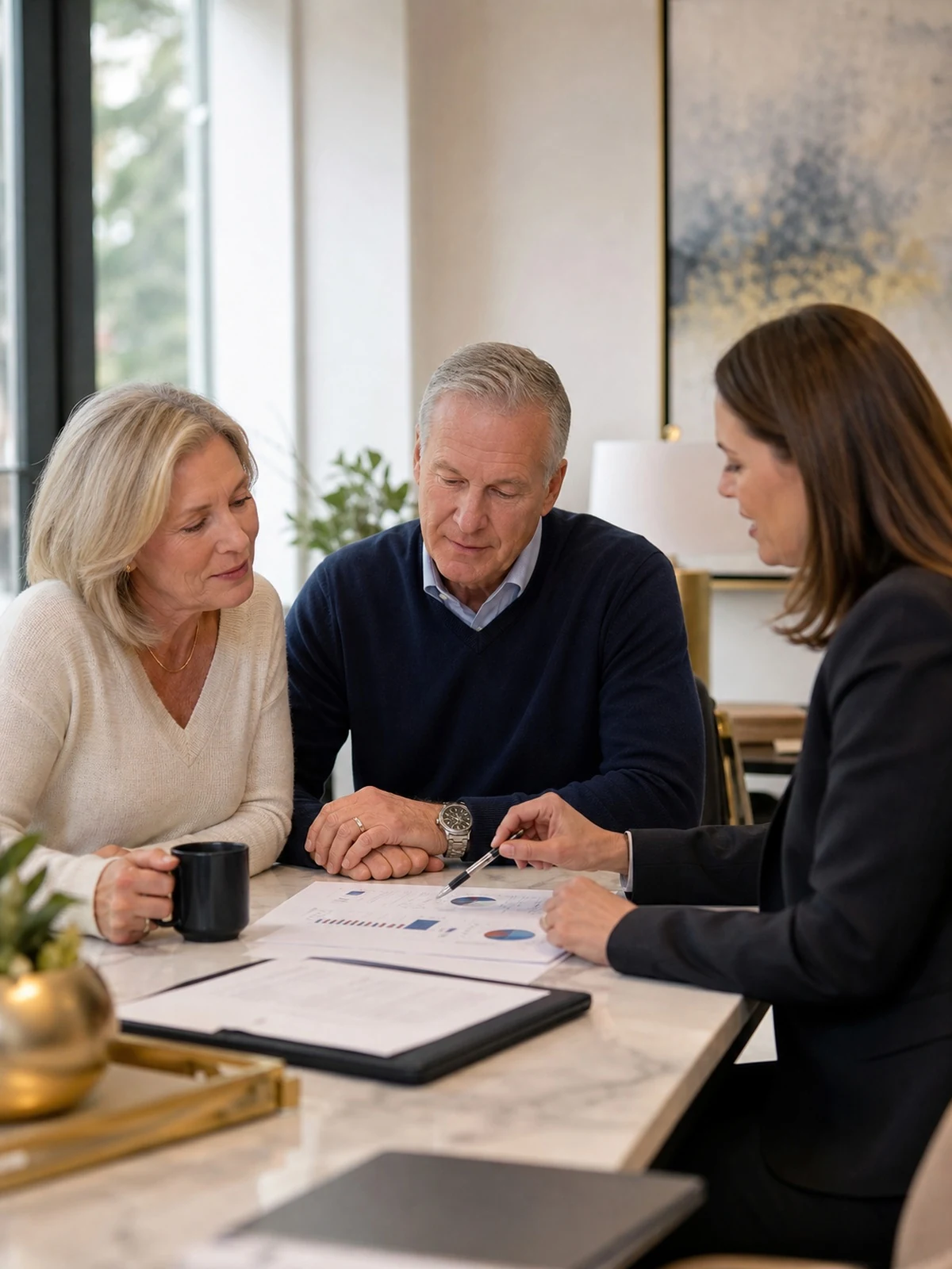 Mature couple coordinating financial assets with an advisor