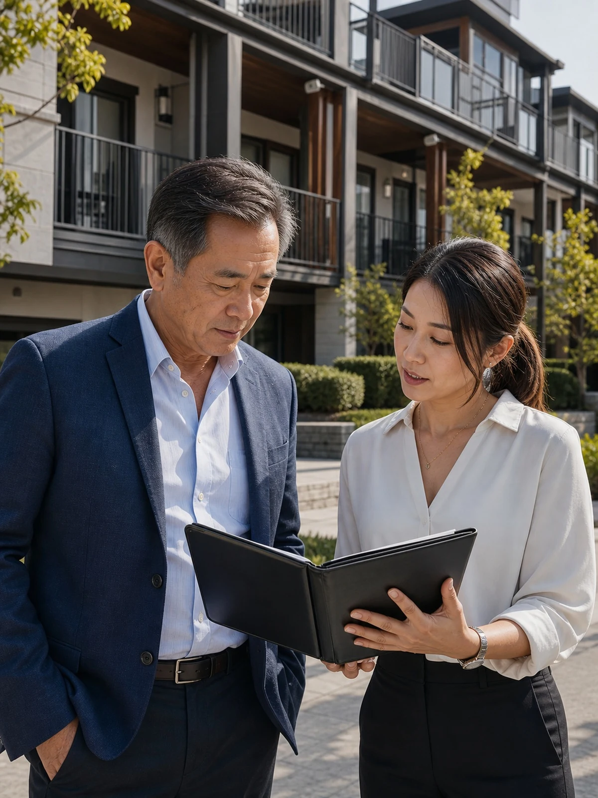 Real estate investor reviewing a multifamily property with a property manager