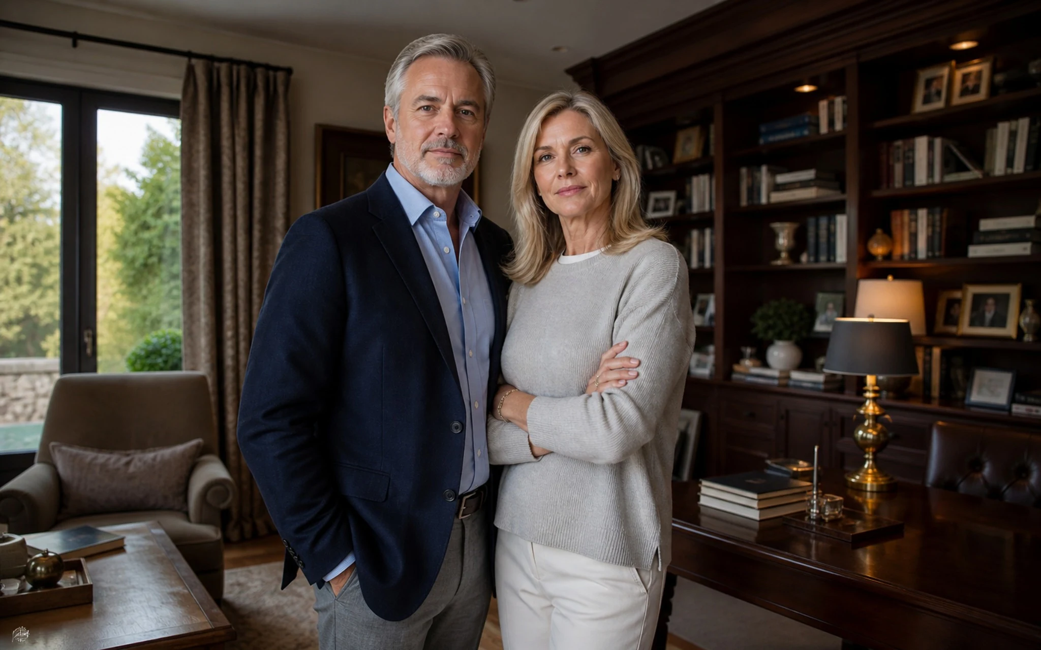 Successful couple in a private study discussing how to protect what they have built