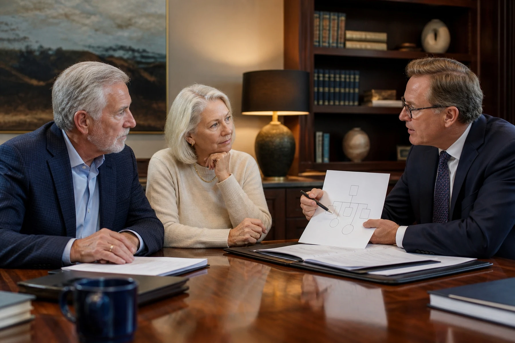 Attorney explaining a legal ownership structure to a mature couple